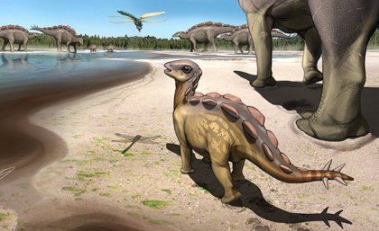 A life reconstruction of the stegosaur trackmakers and palaeo-environment of 110 million years ago. Image: Kaitoge